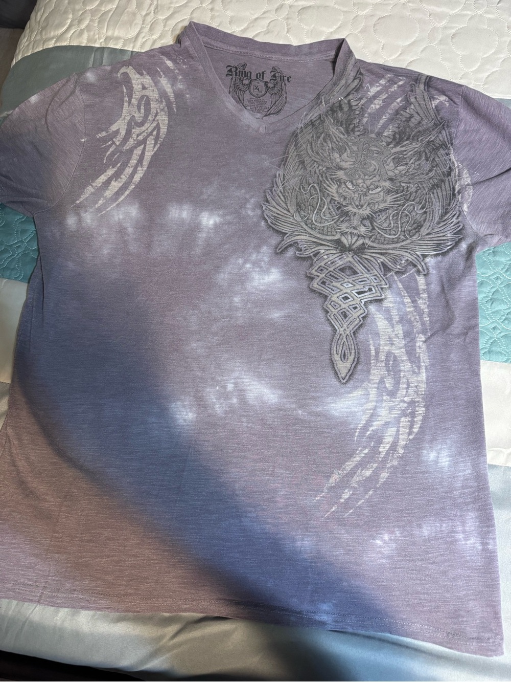 Ring of Fire Lavender Tie-Dye V-Neck Tee with Graphic Chest Design